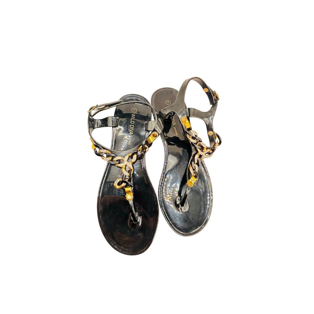 Wild Diva Lounge Black golden T Chain rhinestone Strap Jelly Sandals sz 7